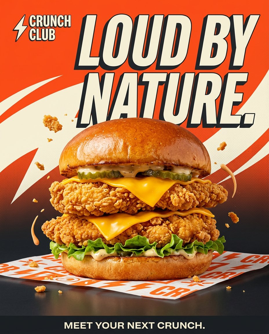 Crunch Club fictional chicken burger campaign concept with orange and ivory branding
